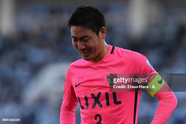 Gen Shoji of Kashima Antlers sheds tears after the scoreless draw and missing the title in the J.League J1 match between Jubilo Iwata and Kashima...