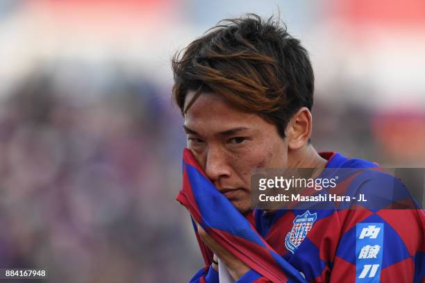 Ryo Shinzato of Ventforet Kofu shows dejection after the relegation to the J2 despite his side's 1-0 victory in the J.League J1 match between...