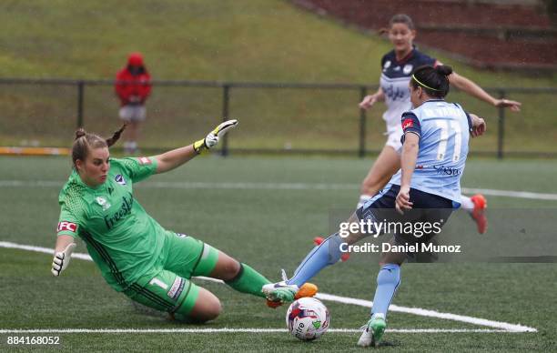 Lisa De Vanna evades Melbourne goalkeeper Casey Dumont during the round six W-League match between Sydney FC and Melbourne Victory at Cromer Park on...