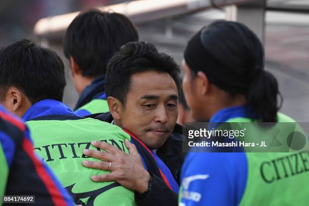 Head coach Tatsuma Yoshida of Ventforet Kofu is seen after the relegation to the J2 despite his side's 1-0 victory in the J.League J1 match between...