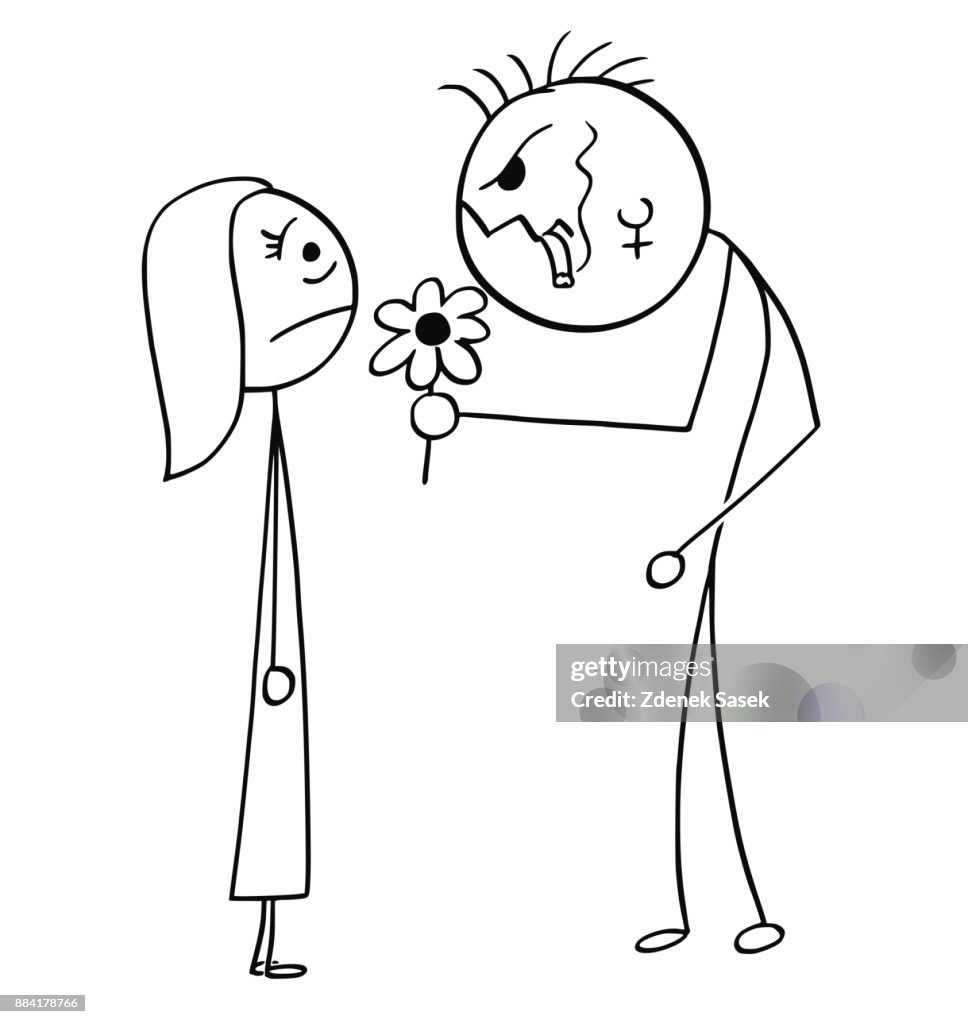Vector Cartoon Of Surprised Young Woman On Date With Ugly Man With Flower  High-Res Vector Graphic - Getty Images