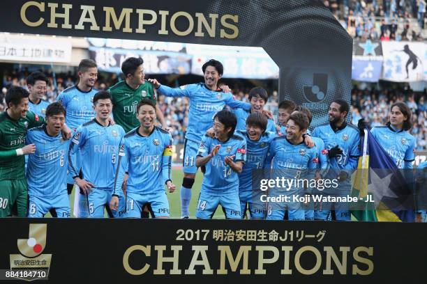 Kawasaki Frontale players celebrate the J.League Champions at the award ceremony after the J.League J1 match between Kawasaki Frontale and Omiya...