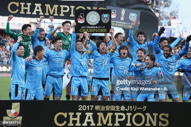 Kawasaki Frontale players celebrate the J.League Champions at the award ceremony after the J.League J1 match between Kawasaki Frontale and Omiya...