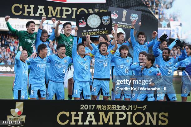 Kawasaki Frontale players celebrate the J.League Champions at the award ceremony after the J.League J1 match between Kawasaki Frontale and Omiya...