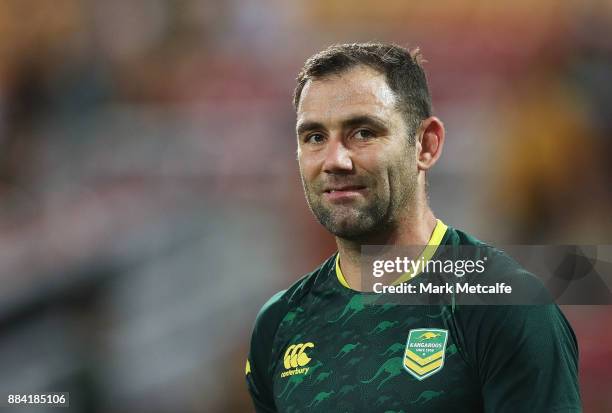 Cameron Smith of Australia looks on before the 2017 Rugby League World Cup Final between the Australian Kangaroos and England at Suncorp Stadium on...