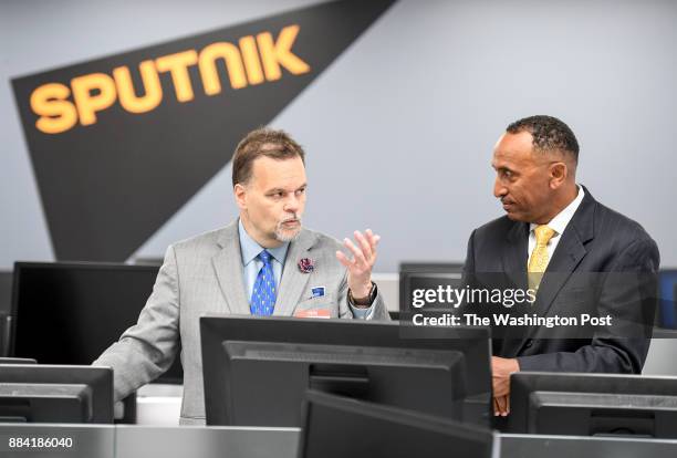 Fault Lines co-hosts Lee Stranahan and Garland Nixon talk in the newsroom of Sputnik, a radio station funded by the Russian government,. It is...