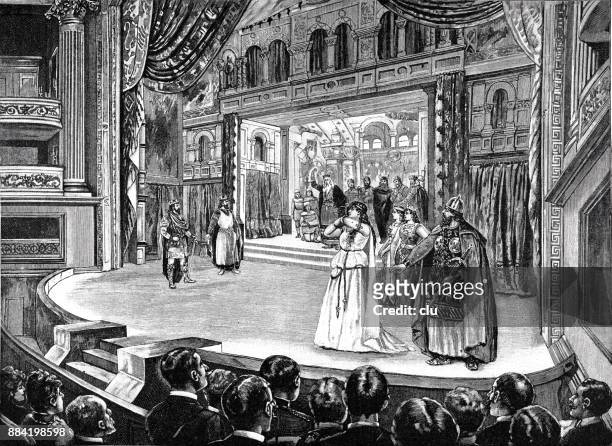 the performance of king lear on the new shakespeare stage at the royal court theatre in munich - william shakespeare stock illustrations