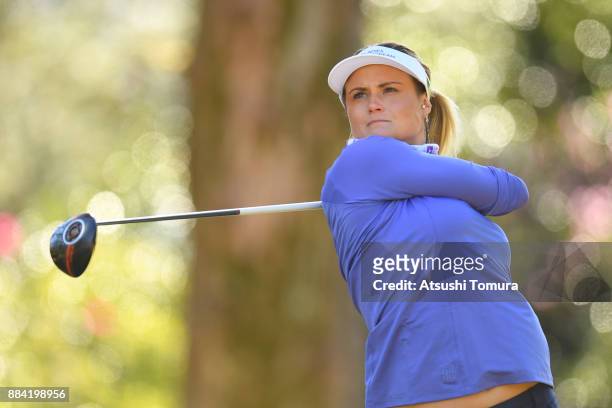 Carley Booth of Scotland hits her tee shot on the 14th hole during the second round of the Queens at Miyoshi Country Club on December 2, 2017 in...