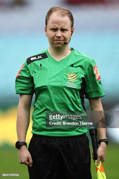 Assistant Referee, Owen Goldrick looks on during the round nine A-League match between the Western Sydney Wanderers and the Brisbane Roar at ANZ...