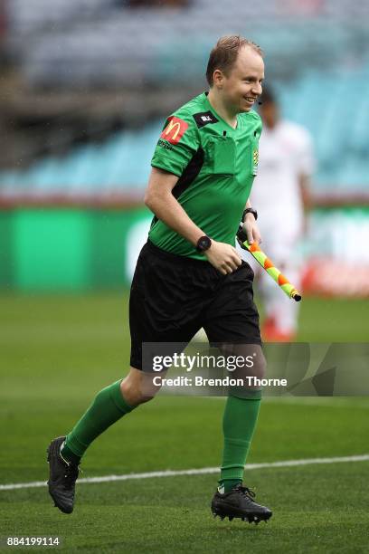 Assistant Referee, Owen Goldrick looks on during the round nine A-League match between the Western Sydney Wanderers and the Brisbane Roar at ANZ...