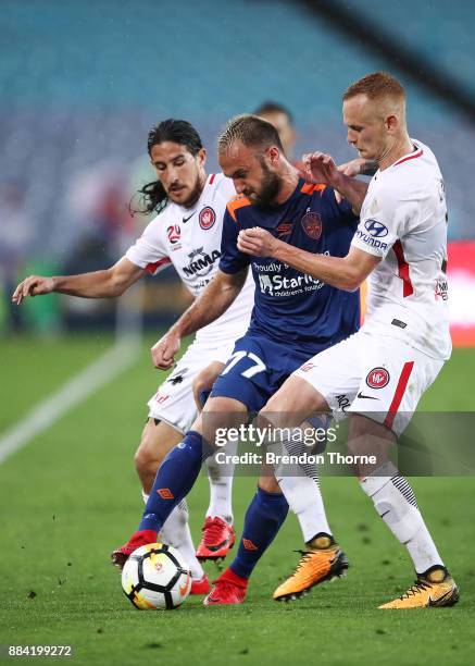 Ivan Franjic of the Roar competes with the Wanderers defence during the round nine A-League match between the Western Sydney Wanderers and the...