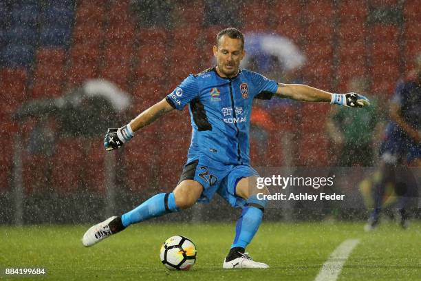 Glen Moss of the Jets kicks out from goal during the round nine A-League match between the Newcastle Jets and Melbourne City at McDonald Jones...