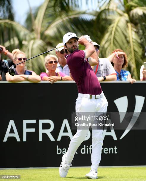 Joel Stalter of France on the 1st tee during the third round of the AfrAsia Bank Mauritius Open at Heritage Golf Club on December 2, 2017 in Bel...