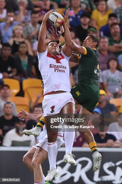 Dane Gagai of the Kangaroos and Ryan Hall of England compete for the ball during the 2017 Rugby League World Cup Final between the Australian...