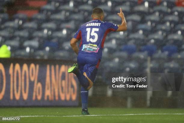 Andrew Nabbout of the Jets celebrates a goal during the round nine A-League match between the Newcastle Jets and Melbourne City at McDonald Jones...