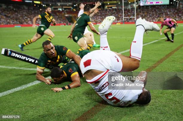 Ryan Hall of England is tackled over the sideline during the 2017 Rugby League World Cup Final between the Australian Kangaroos and England at...