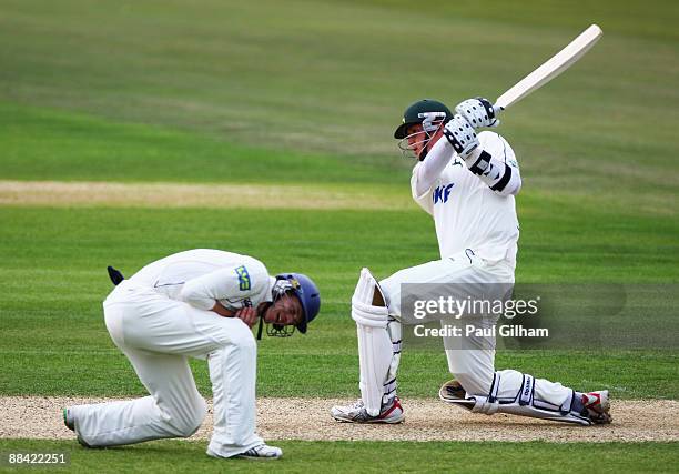 Luke Fletcher of Nottinghamshire hits out during day one of four of the LV County Championship Division One match between Hampshire and...