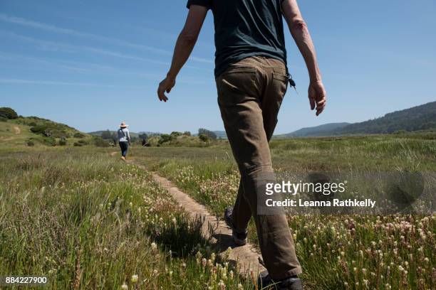 man and woman hiking in tomales bay in northern california, usa - bahía tomales fotografías e imágenes de stock