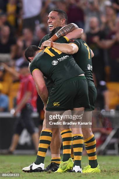 The Kangaroos celebrate winning the 2017 Rugby League World Cup Final between the Australian Kangaroos and England at Suncorp Stadium on December 2,...
