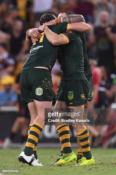 The Kangaroos celebrate winning the 2017 Rugby League World Cup Final between the Australian Kangaroos and England at Suncorp Stadium on December 2,...