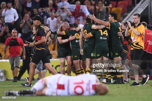 The Kangaroos celebrate winning the 2017 Rugby League World Cup Final between the Australian Kangaroos and England at Suncorp Stadium on December 2,...