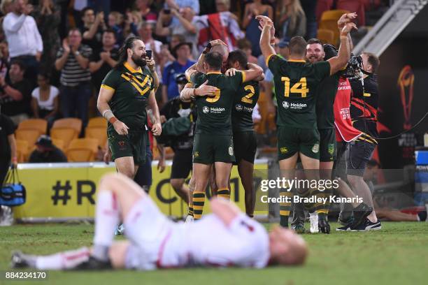 The Kangaroos celebrate winning the 2017 Rugby League World Cup Final between the Australian Kangaroos and England at Suncorp Stadium on December 2,...