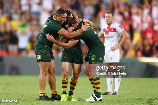 Australia celebrate winning the 2017 Rugby League World Cup Final between the Australian Kangaroos and England at Suncorp Stadium on December 2, 2017...