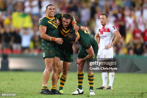 Australia celebrate winning the 2017 Rugby League World Cup Final between the Australian Kangaroos and England at Suncorp Stadium on December 2, 2017...