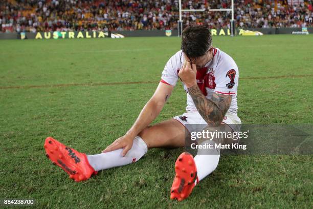 Gareth Widdop of England shows his emotion after the 2017 Rugby League World Cup Final between the Australian Kangaroos and England at Suncorp...