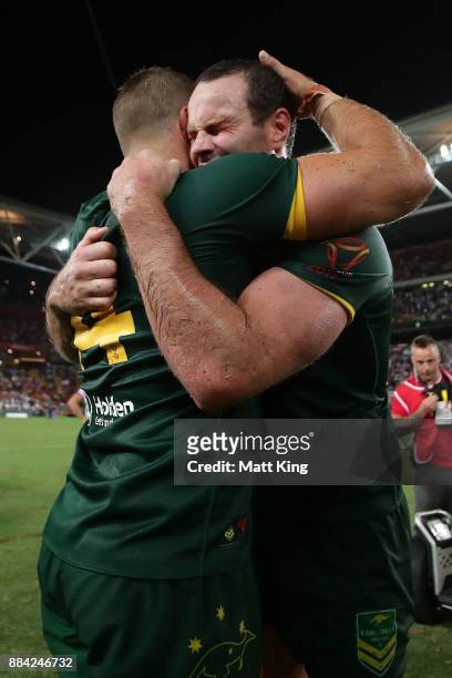 Boyd Cordner of the Kangaroos and Wade Graham of the Kangaroos celebrate winning the 2017 Rugby League World Cup Final between the Australian...