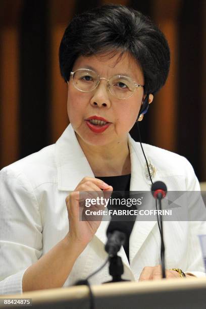 World Health Organisation Director General Margaret Chan gestures during a press conference on June 11, 2009 in Geneva, after the WHO decided to...
