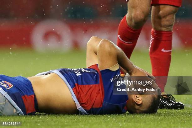 Andrew Nabbout of the Jets looks dejected after missing a goal during the round nine A-League match between the Newcastle Jets and Melbourne City at...