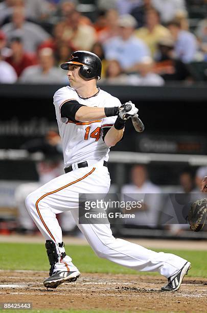 Nolan Reimold of the Baltimore Orioles bats against the Seattle Mariners at Camden Yards on June 10, 2009 in Baltimore, Maryland.