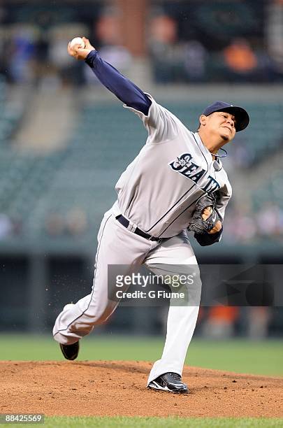 Felix Hernandez of the Seattle Mariners pitches against the Baltimore Orioles at Camden Yards on June 10, 2009 in Baltimore, Maryland.