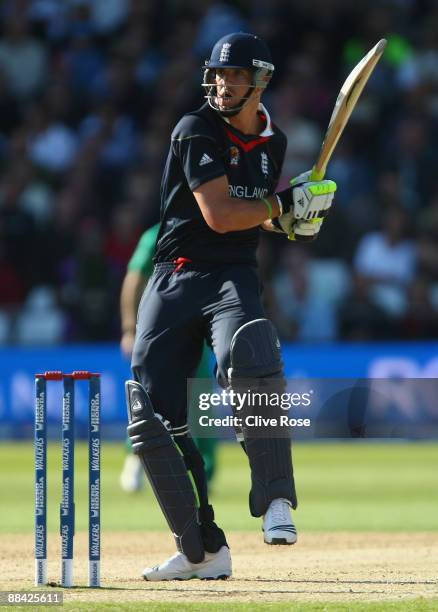 Kevin Pietersen of England hits out during the ICC World Twenty20 Super Eights match between England and South Africa at Trent Bridge on June 11,...