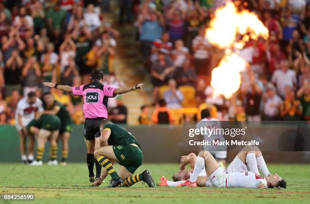 Gareth Widdop of England and team mates lay dejected after defeat in the 2017 Rugby League World Cup Final between the Australian Kangaroos and...