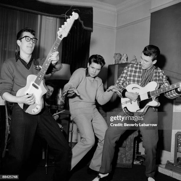 Photo of Cliff RICHARD and SHADOWS; posed with The Shadows - L-R: Hank Marvin, Cliff Richard, Bruce Welch - c.1959