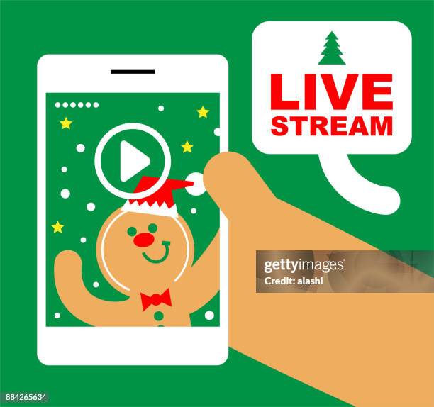 cute gingerbread man live streaming, merry christmas and new year greeting - children taking selfie stock illustrations