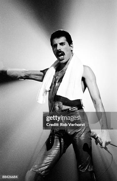 Photo of QUEEN; Freddie Mercury performing live on stage at Groenoordhallen , Lieden
