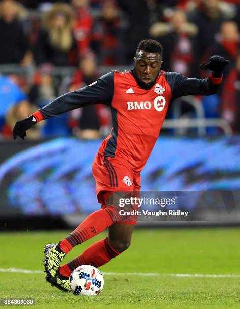 Jozy Altidore of Toronto FC dribbles the ball during the MLS Eastern Conference Finals, Leg 2 game against Columbus Crew SC at BMO Field on November...
