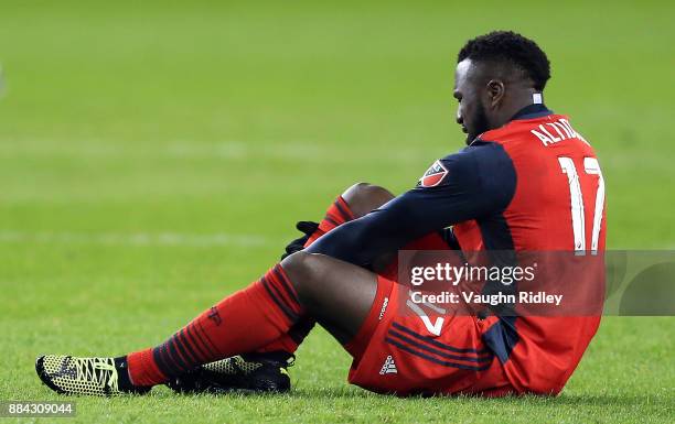 Jozy Altidore of Toronto FC injures his ankle during the second half of the MLS Eastern Conference Finals, Leg 2 game against Columbus Crew SC at BMO...