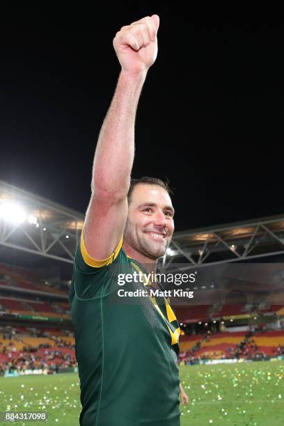Cameron Smith of the Kangaroos thanks the crowd after winning the 2017 Rugby League World Cup Final between the Australian Kangaroos and England at...
