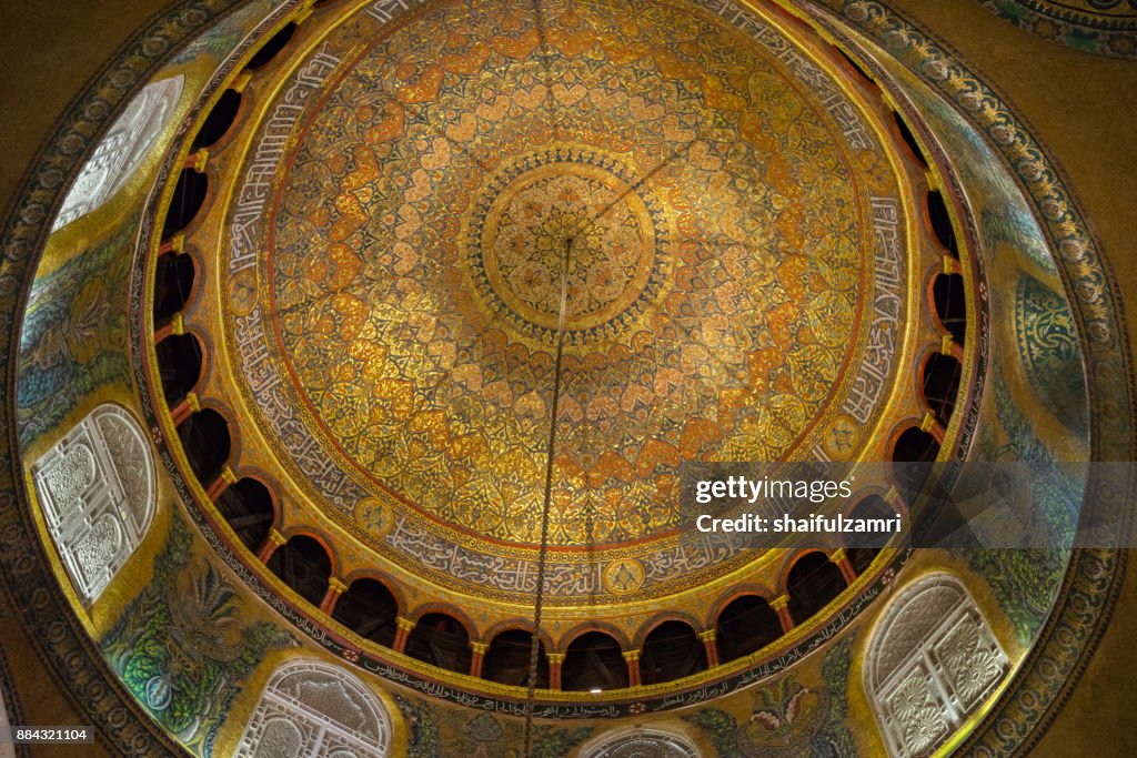 BAITULMUQADDIS, PALESTINE - 13TH NOV 2017; Internal view of Al-Aqsa Mosque, Jerusalem. Built in 691, where Prophet Mohamed ascended to heaven on an angel in his "night journey"