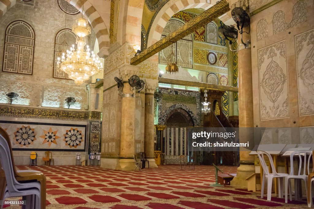 BAITULMUQADDIS, PALESTINE - 13TH NOV 2017; Internal view of Al-Aqsa Mosque, Jerusalem. Built in 691, where Prophet Mohamed ascended to heaven on an angel in his "night journey"