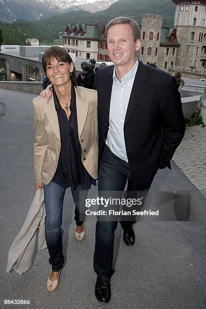 Andrea Buehring-Uhle and Eric Jelen arrive at the wedding-eve party the day before the wedding of Boris Becker and Sharlely Kerssenberg at Chesa...
