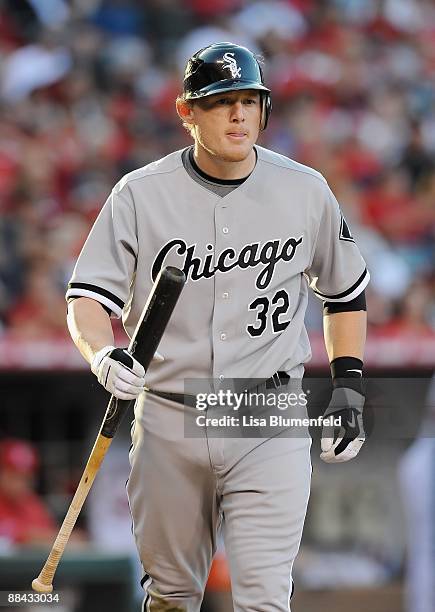 Brian Anderson of the Chicago White Sox walks back to the dugout during the game against the Los Angeles Angels of Anaheim on May 25, 2009 in...