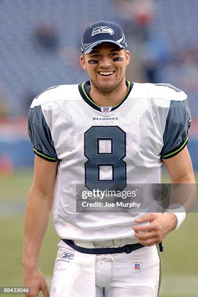 Seahawks Matt Hasselbeck smiles as he walks off the field after the game. The Seattle Seahawks beat the Tennessee Titans 28-24 at The Coliseum in...
