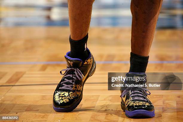 Detail of Nike sneakers worn by Kobe Bryant of the Los Angeles Lakers are seen as he warms up against the Orlando Magic in Game Four of the 2009 NBA...