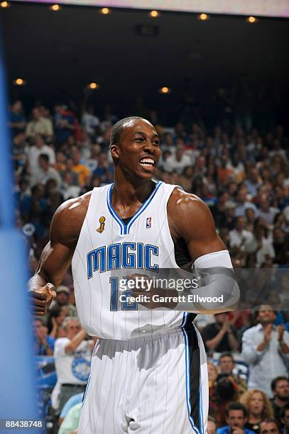 Dwight Howard of the Orlando Magic reacts to a call against the Los Angeles Lakers during Game Four of the 2009 NBA Finals at Amway Arena on June 11,...