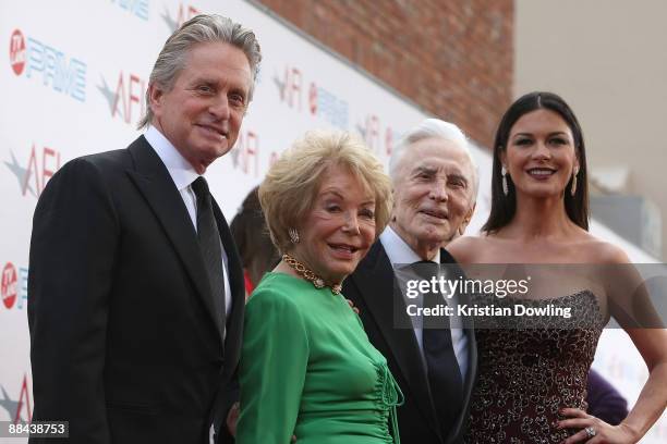 Actors Michael Douglas, Anne Buydens, Kirk Douglas and Catherine Zeta-Jones arrive at AFI Lifetime Achievement Award: A Tribute to Michael Douglas...